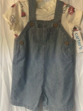 Carter's outfit Light Blue Denim Shortalls with Button Details and shirt